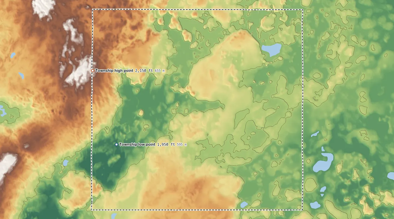 Topographic elevation map of Roloff Township, North Dakota, shaded from 1,950 ft near the middle to 2,150 ft on the northwest side