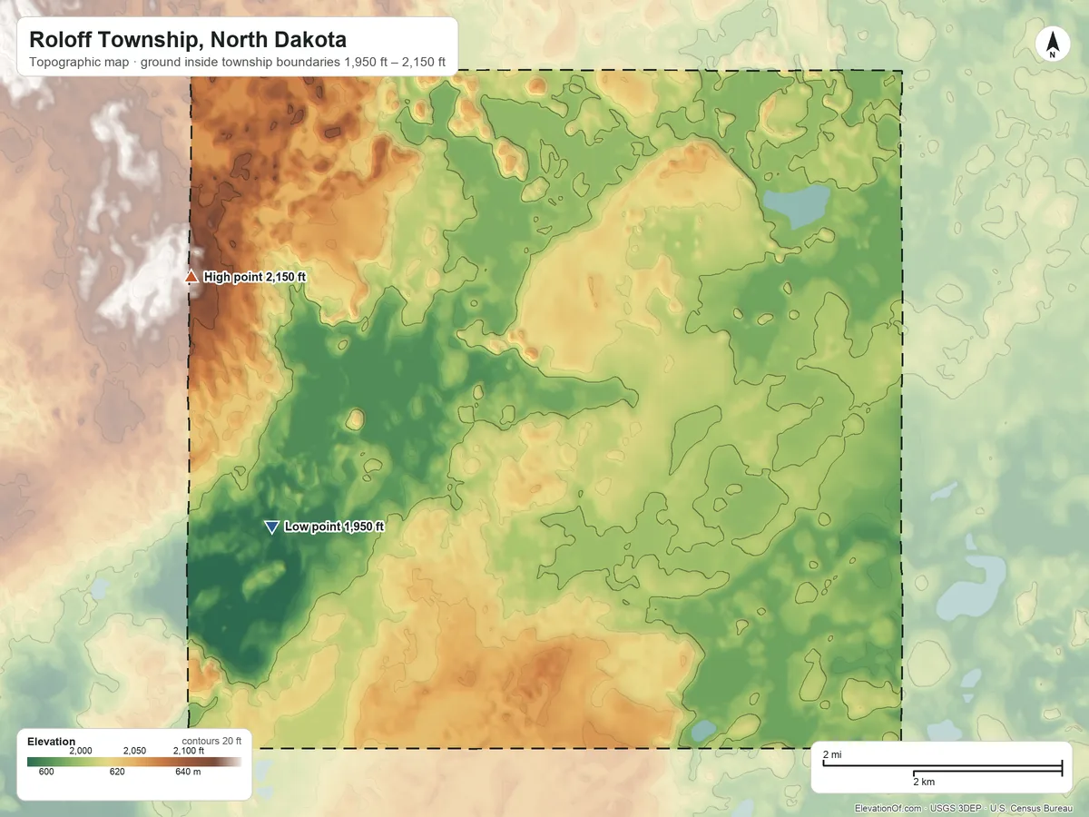 Topographic elevation map of Roloff Township, North Dakota, shaded from 1,950 ft near the middle to 2,150 ft on the northwest side
