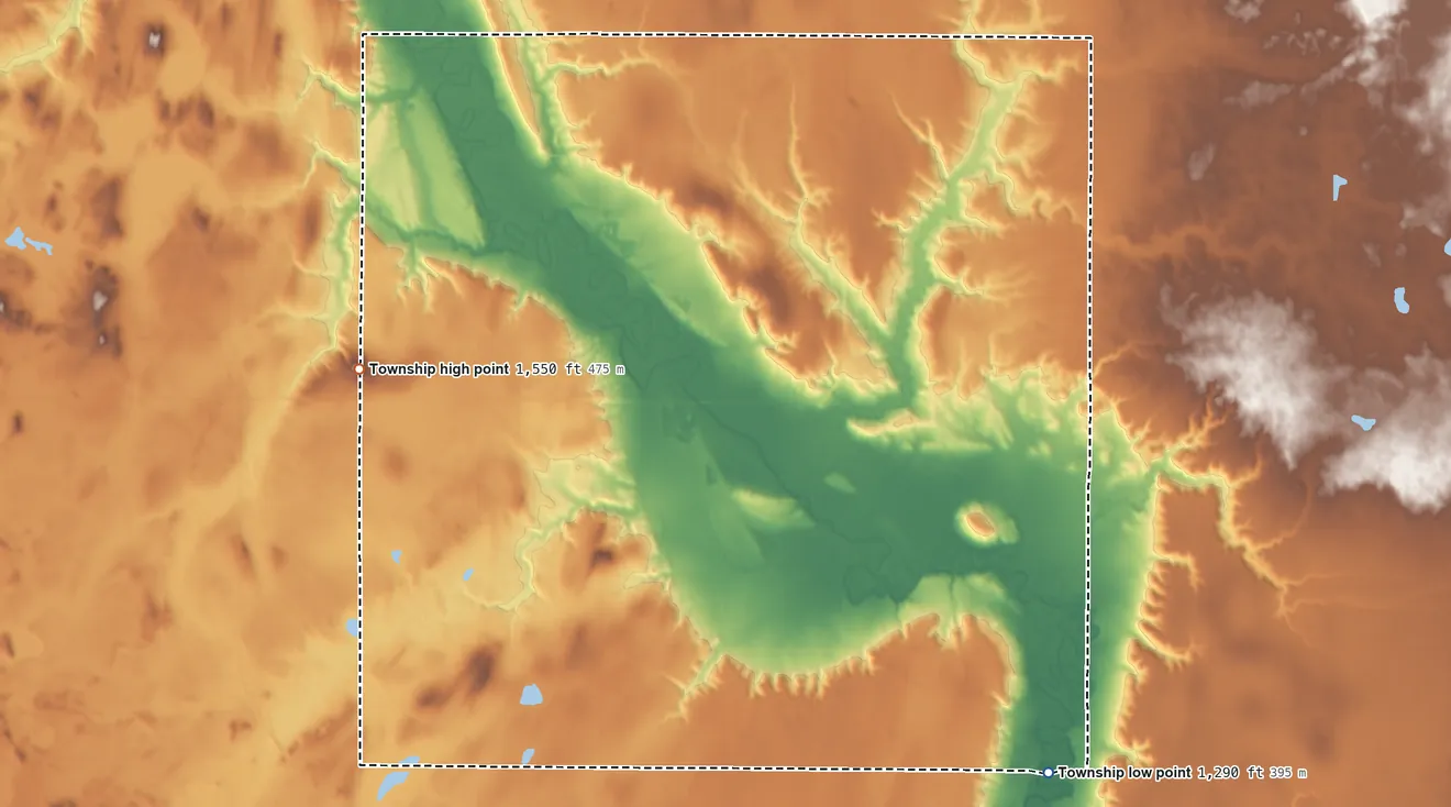 Topographic elevation map of Romness Township, North Dakota, shaded from 1,290 ft on the southeast side to 1,550 ft on the west side