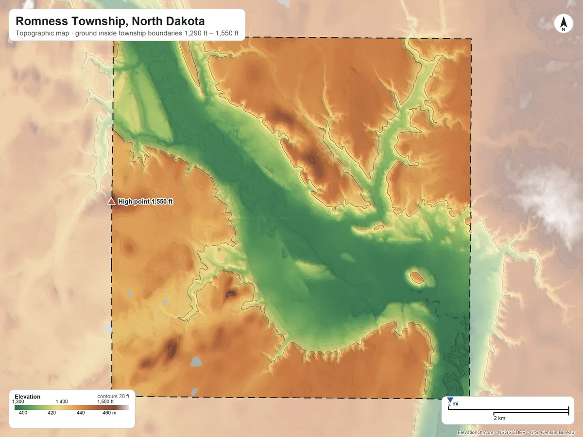 Topographic elevation map of Romness Township, North Dakota, shaded from 1,290 ft on the southeast side to 1,550 ft on the west side