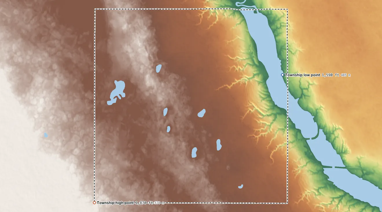 Topographic elevation map of Roosevelt Township, North Dakota, shaded from 1,590 ft on the northeast side to 1,870 ft on the southwest side