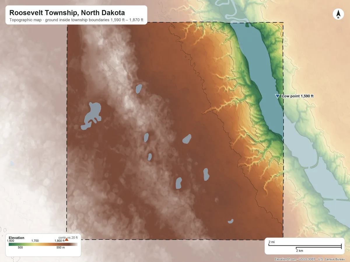 Topographic elevation map of Roosevelt Township, North Dakota, shaded from 1,590 ft on the northeast side to 1,870 ft on the southwest side
