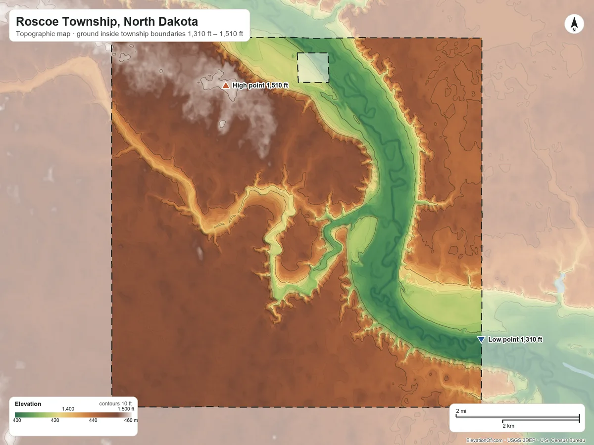 Topographic elevation map of Roscoe Township, North Dakota, shaded from 1,310 ft on the southeast side to 1,510 ft on the northwest side