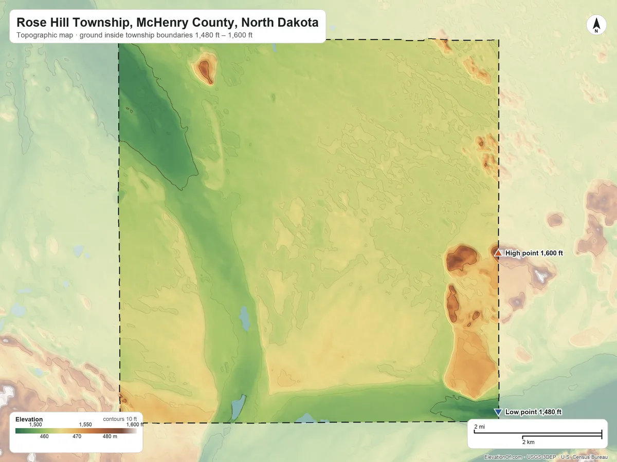 Topographic elevation map of Rose Hill Township, McHenry County, North Dakota, shaded from 1,480 ft on the southeast side to 1,600 ft on the east side