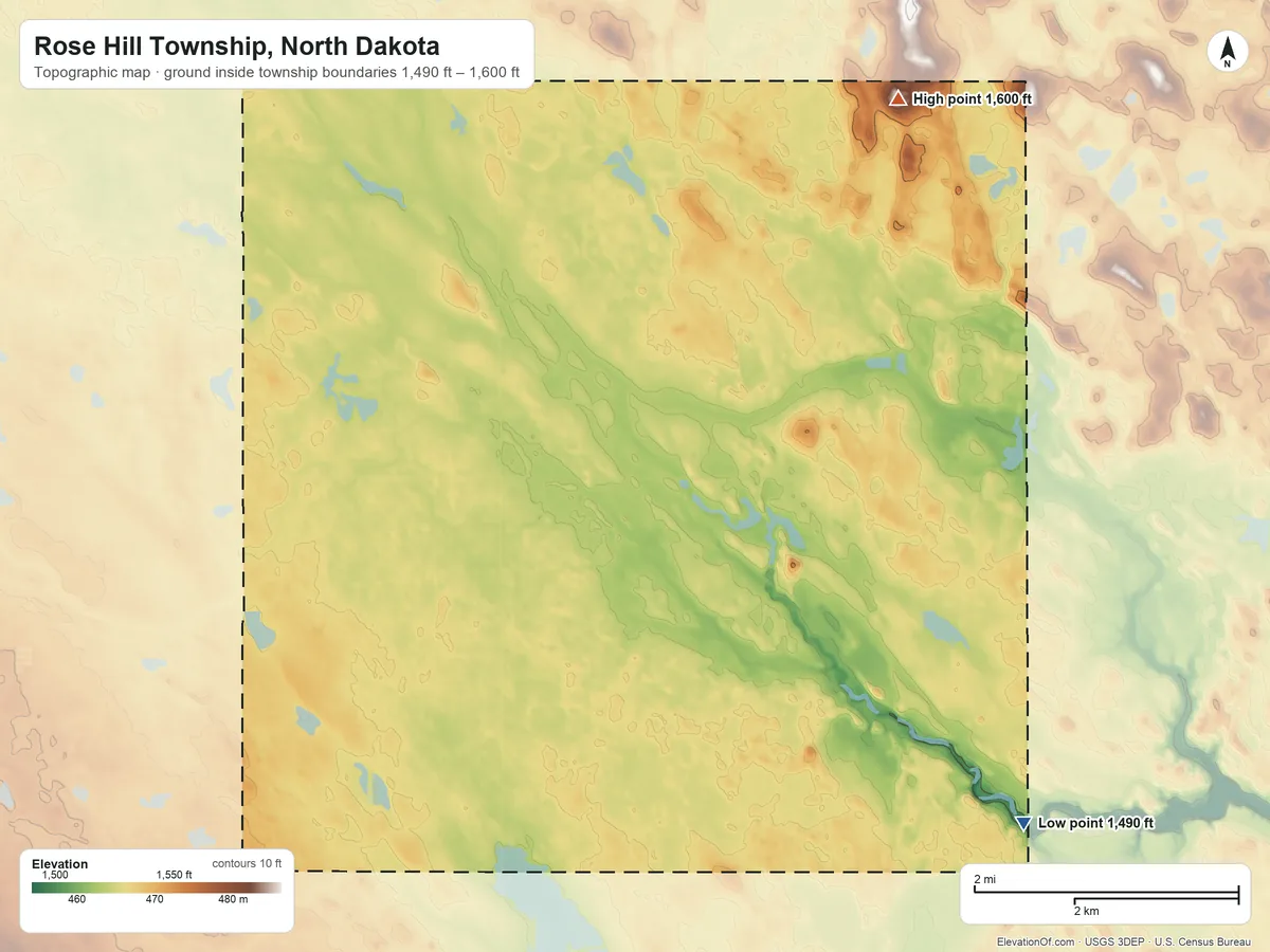 Topographic elevation map of Rose Hill Township, North Dakota, shaded from 1,490 ft on the southeast side to 1,600 ft on the northeast side