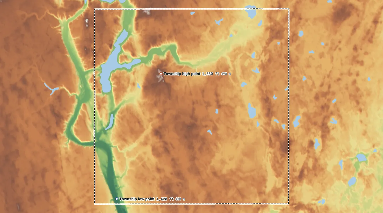 Topographic elevation map of Rose Township, North Dakota, shaded from 1,420 ft on the southwest side to 1,550 ft on the northwest side