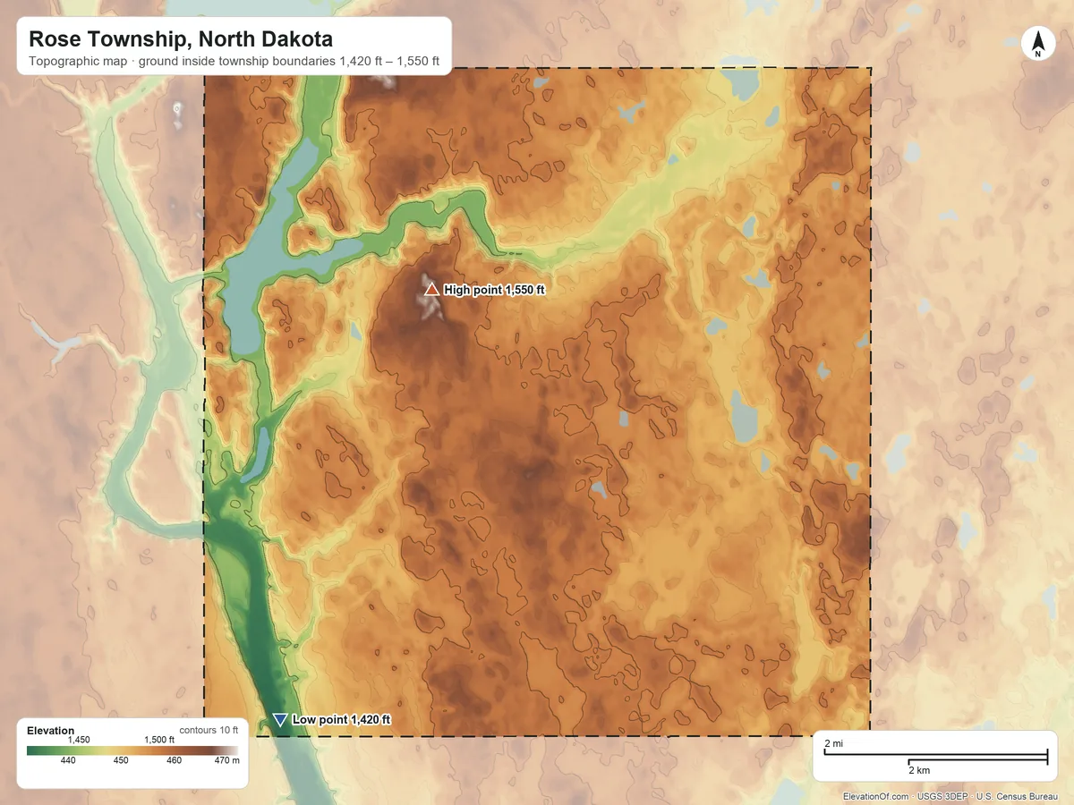Topographic elevation map of Rose Township, North Dakota, shaded from 1,420 ft on the southwest side to 1,550 ft on the northwest side
