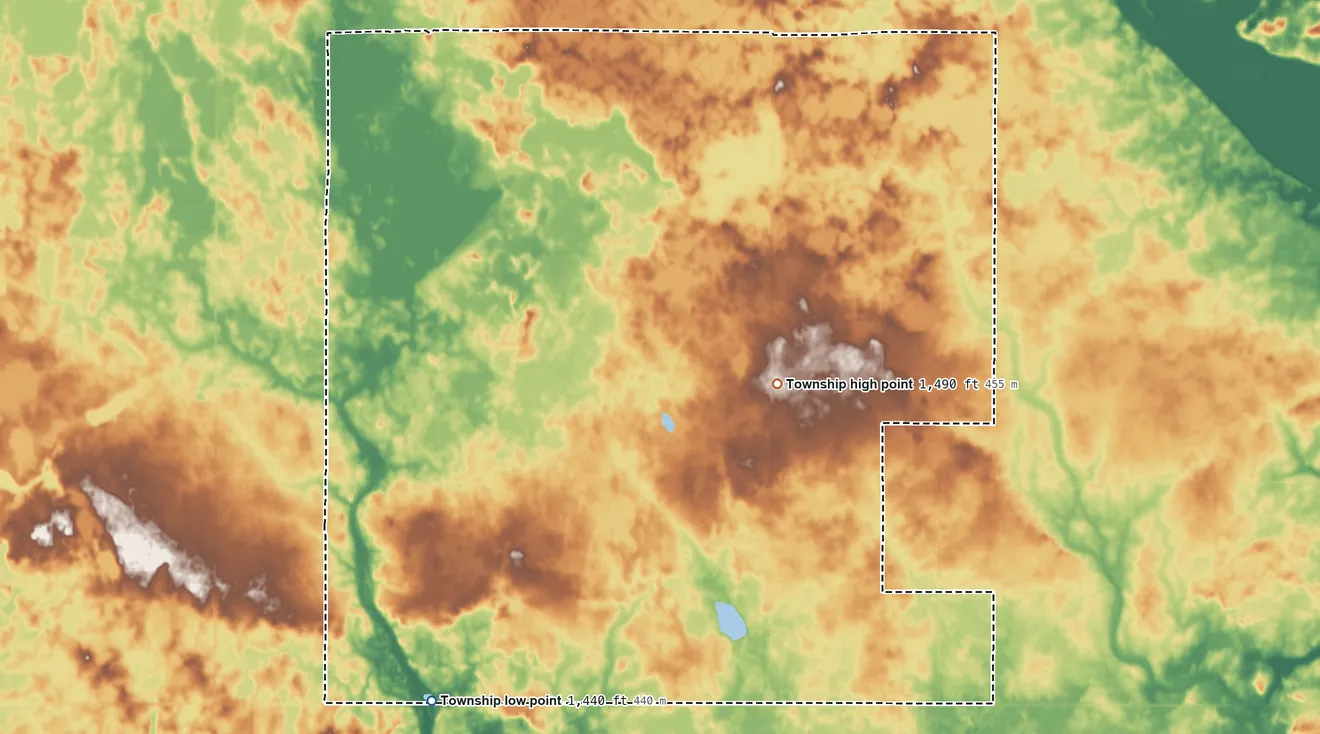 Topographic elevation map of Rosebud Township, North Dakota, shaded from 1,440 ft on the south side to 1,490 ft on the southeast side