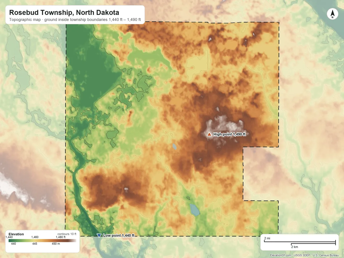 Topographic elevation map of Rosebud Township, North Dakota, shaded from 1,440 ft on the south side to 1,490 ft on the southeast side