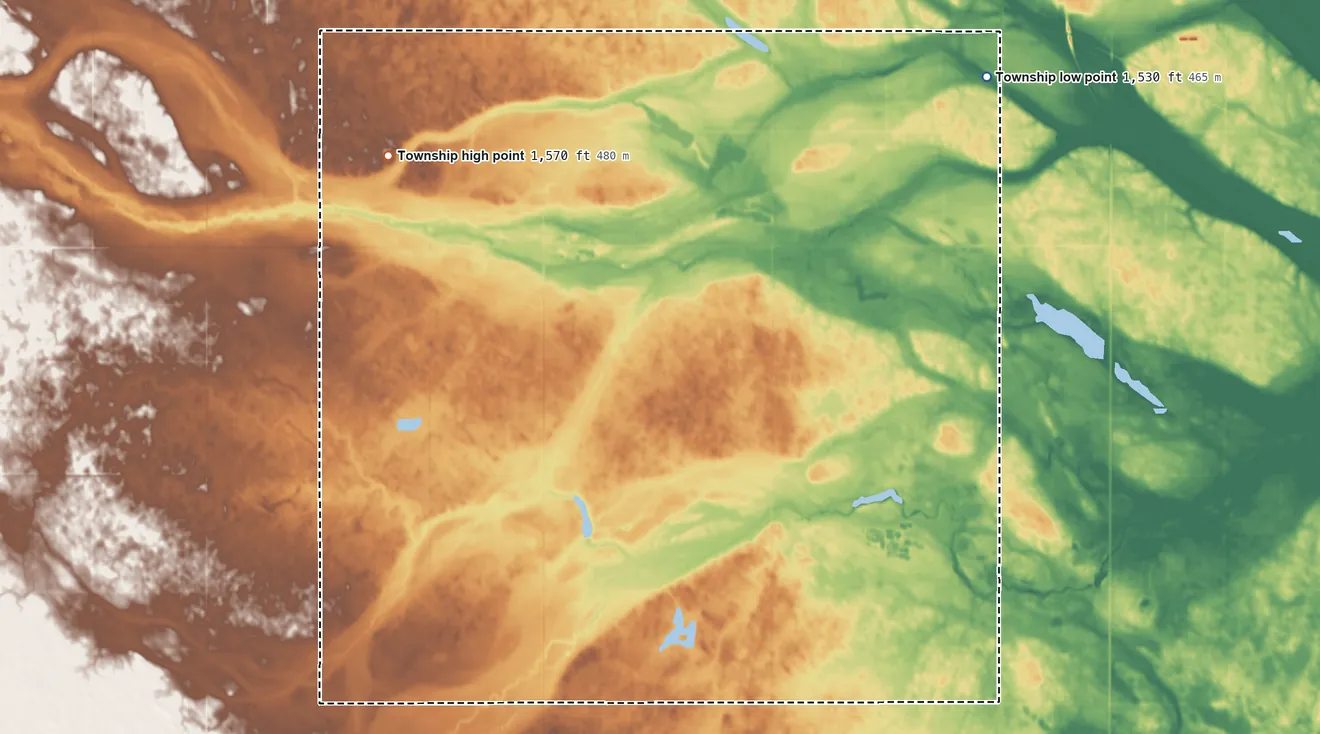 Topographic elevation map of Rosefield Township, North Dakota, shaded from 1,530 ft on the northeast side to 1,570 ft on the northwest side