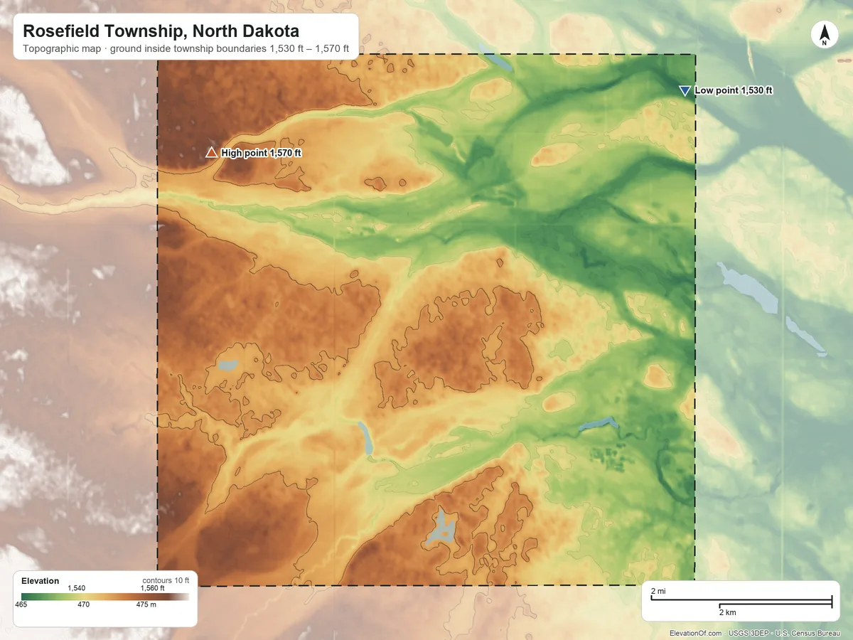 Topographic elevation map of Rosefield Township, North Dakota, shaded from 1,530 ft on the northeast side to 1,570 ft on the northwest side