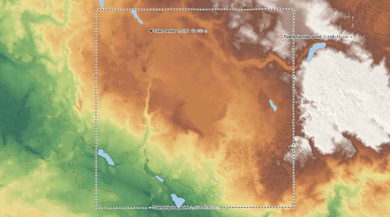 Topographic elevation map of Roseglen Township, North Dakota, shaded from 1,970 ft on the south side to 2,160 ft on the east side
