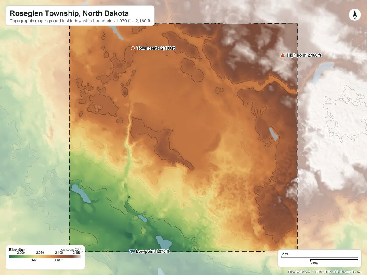 Topographic elevation map of Roseglen Township, North Dakota, shaded from 1,970 ft on the south side to 2,160 ft on the east side