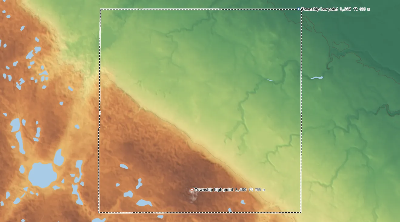 Topographic elevation map of Roseland Township, North Dakota, shaded from 1,990 ft on the northeast side to 2,480 ft on Little Butte