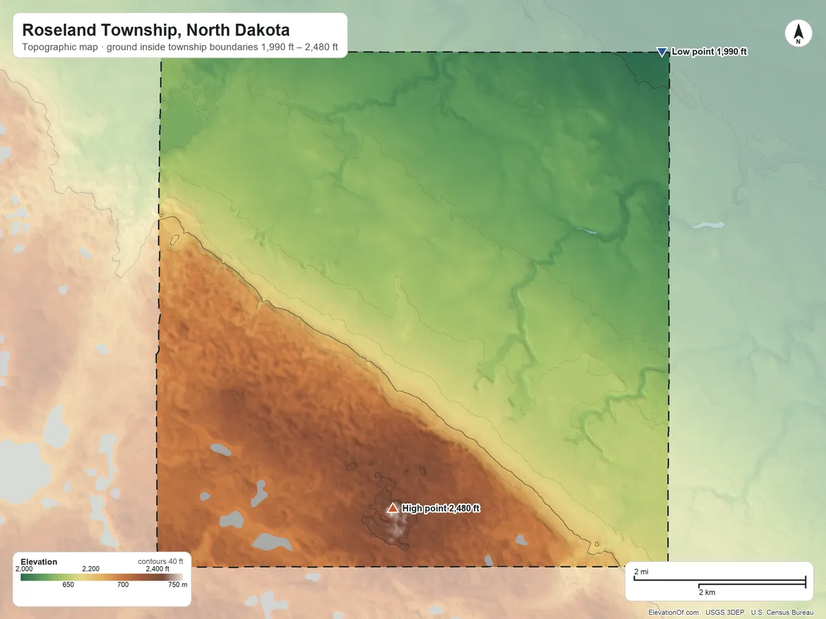 Topographic elevation map of Roseland Township, North Dakota, shaded from 1,990 ft on the northeast side to 2,480 ft on Little Butte