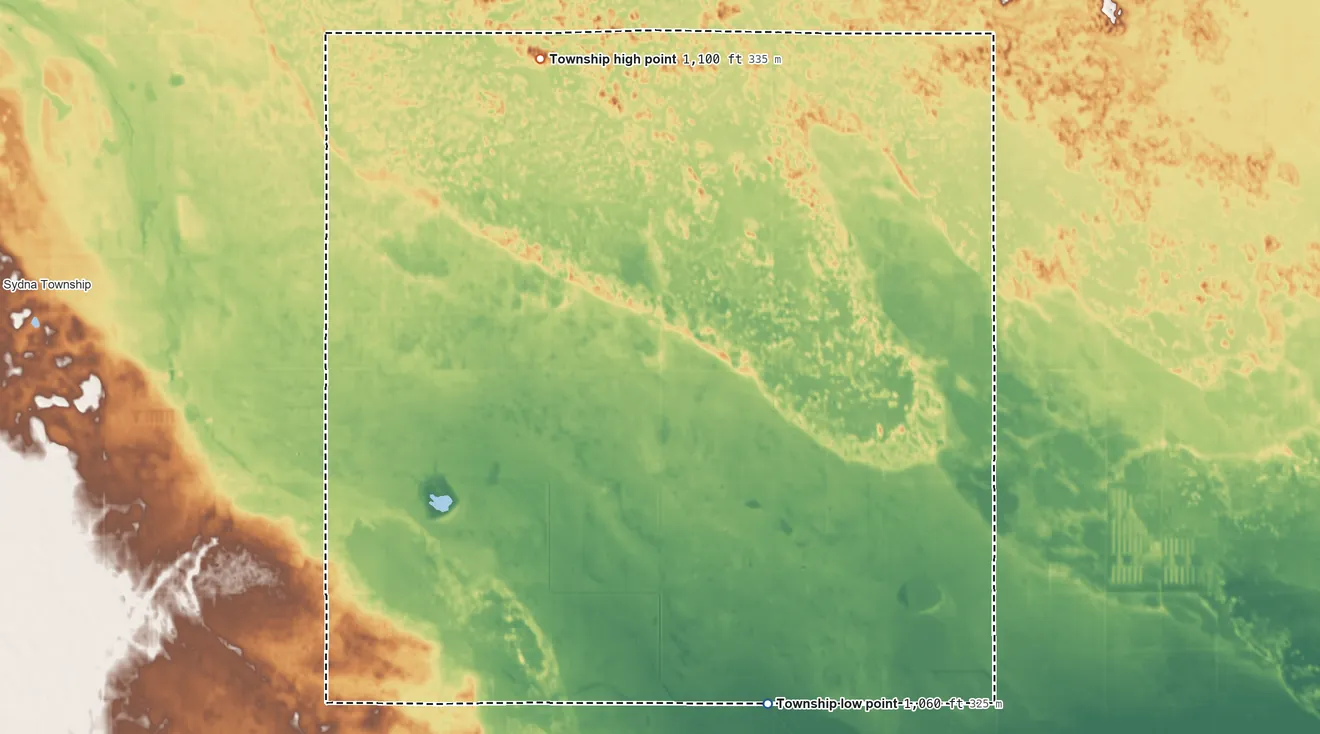 Topographic elevation map of Rosemeade Township, North Dakota, shaded from 1,060 ft on the south side to 1,100 ft on the north side