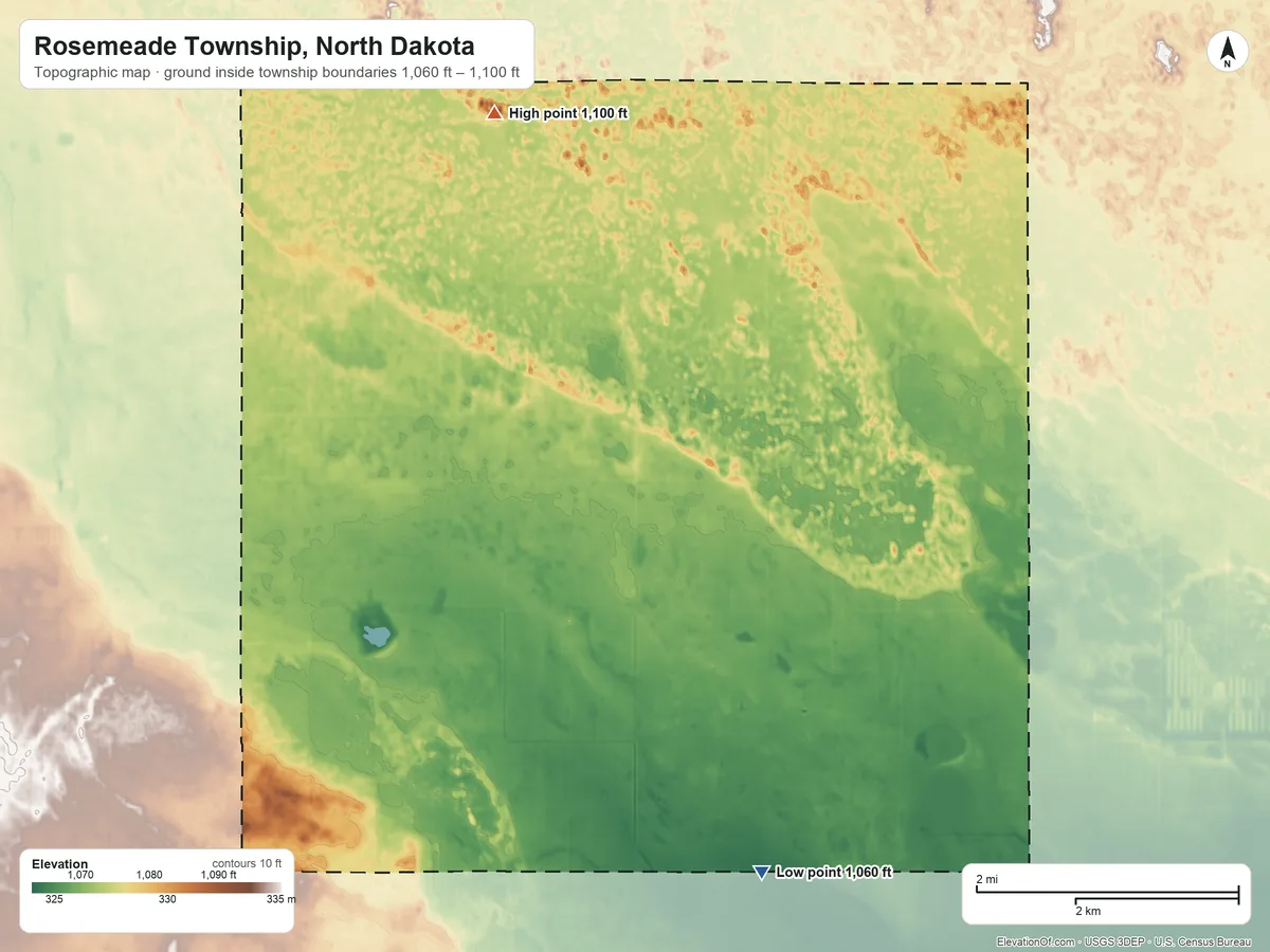 Topographic elevation map of Rosemeade Township, North Dakota, shaded from 1,060 ft on the south side to 1,100 ft on the north side