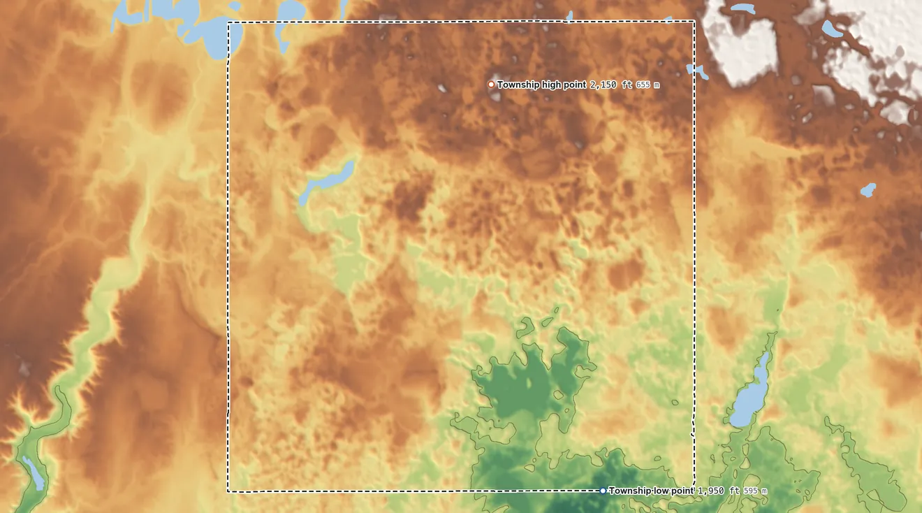 Topographic elevation map of Rosemont Township, North Dakota, shaded from 1,950 ft on the southeast side to 2,150 ft on the north side