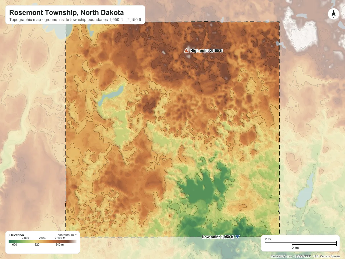 Topographic elevation map of Rosemont Township, North Dakota, shaded from 1,950 ft on the southeast side to 2,150 ft on the north side
