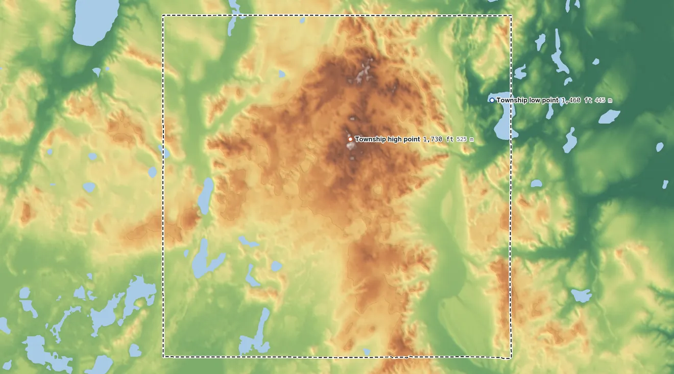 Topographic elevation map of Rosendal Township, North Dakota, shaded from 1,460 ft on the northeast side to 1,730 ft on the north side