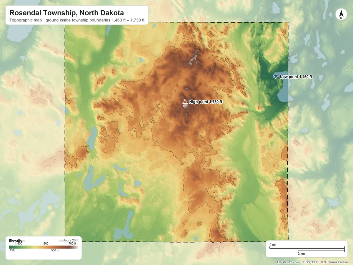Topographic elevation map of Rosendal Township, North Dakota, shaded from 1,460 ft on the northeast side to 1,730 ft on the north side