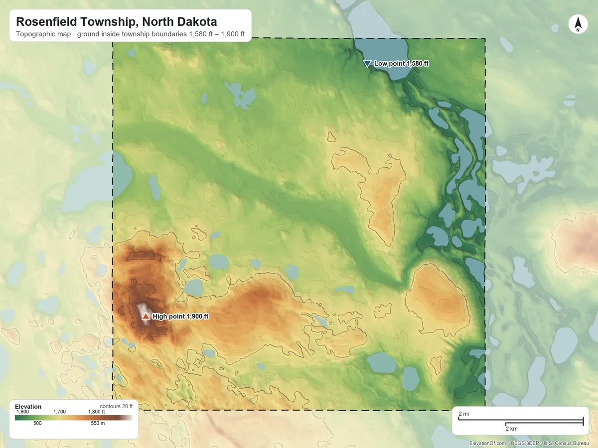 Topographic elevation map of Rosenfield Township, North Dakota, shaded from 1,580 ft on the northeast side to 1,900 ft on the southwest side