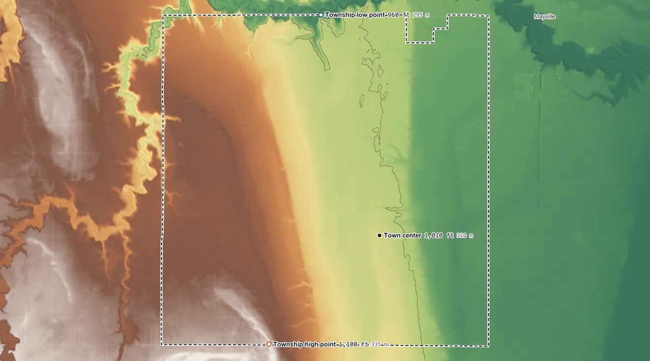 Topographic elevation map of Roseville Township, North Dakota, shaded from 960 ft on the north side to 1,100 ft on the southwest side