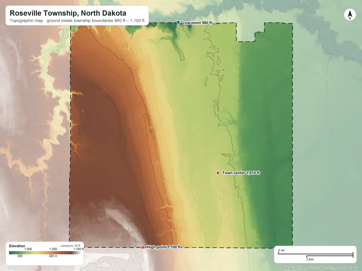 Topographic elevation map of Roseville Township, North Dakota, shaded from 960 ft on the north side to 1,100 ft on the southwest side