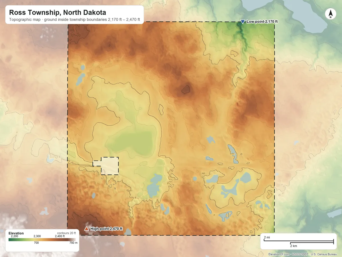 Topographic elevation map of Ross Township, North Dakota, shaded from 2,170 ft on the northeast side to 2,470 ft on the southwest side
