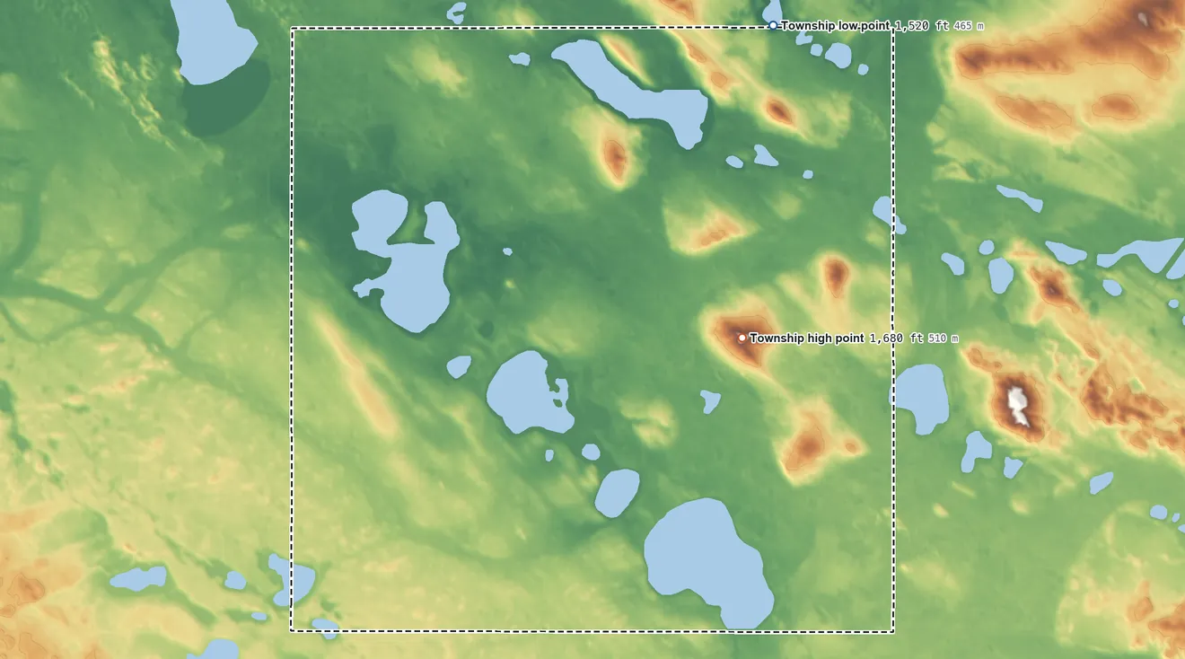 Topographic elevation map of Round Lake Township, North Dakota, shaded from 1,520 ft on the northeast side to 1,680 ft on the northeast side