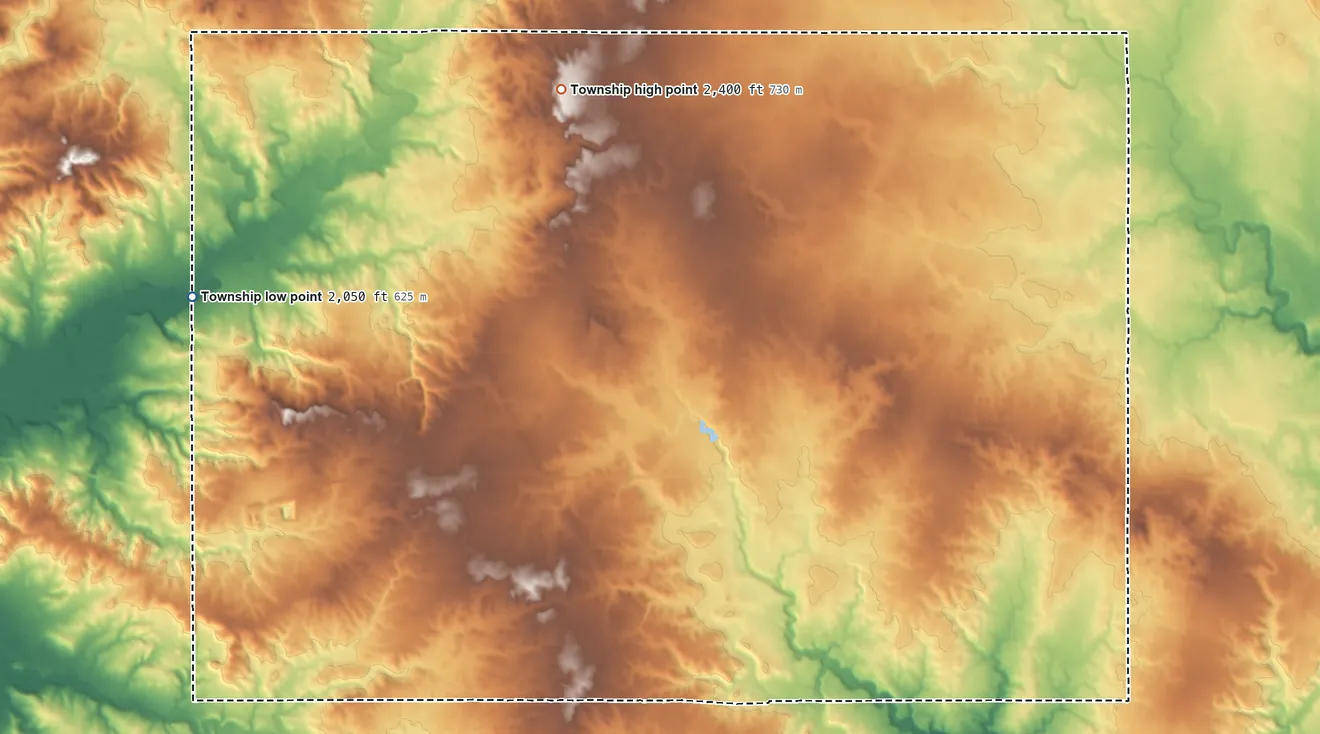 Topographic elevation map of Round Prairie Township, North Dakota, shaded from 2,050 ft on the west side to 2,400 ft on the northwest side