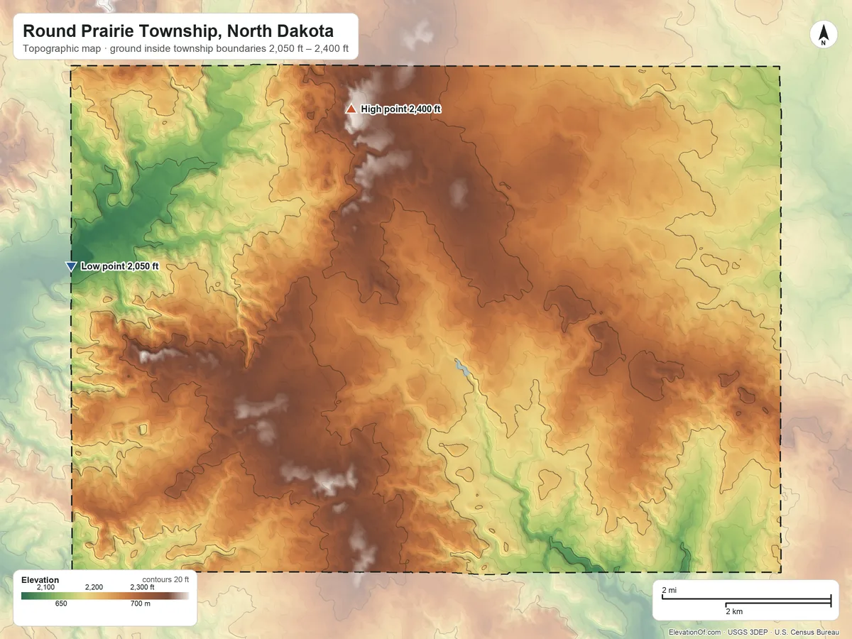 Topographic elevation map of Round Prairie Township, North Dakota, shaded from 2,050 ft on the west side to 2,400 ft on the northwest side