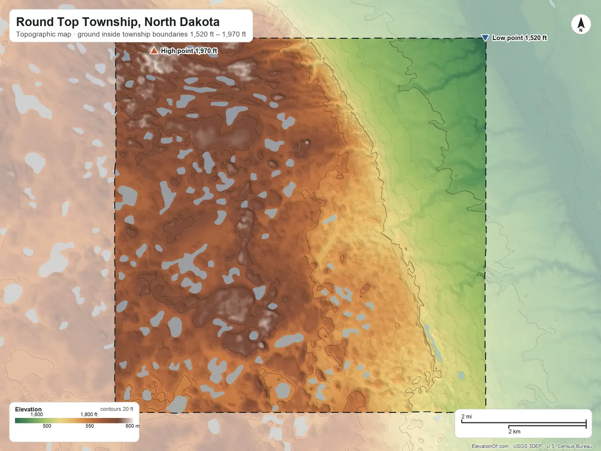 Topographic elevation map of Round Top Township, North Dakota, shaded from 1,520 ft on the northeast side to 1,970 ft on the northwest side