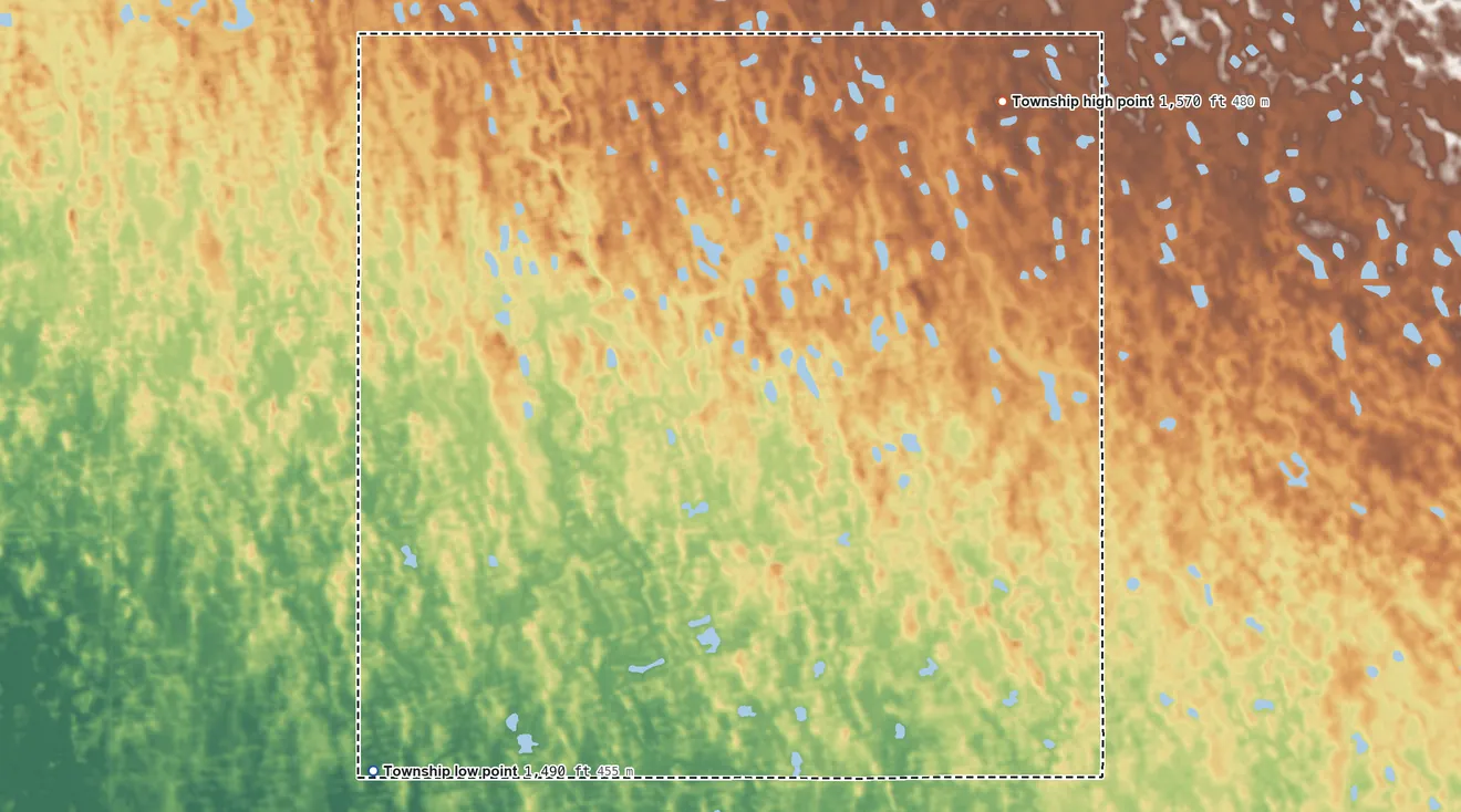 Topographic elevation map of Royal Township, North Dakota, shaded from 1,490 ft on the southwest side to 1,570 ft on the northeast side