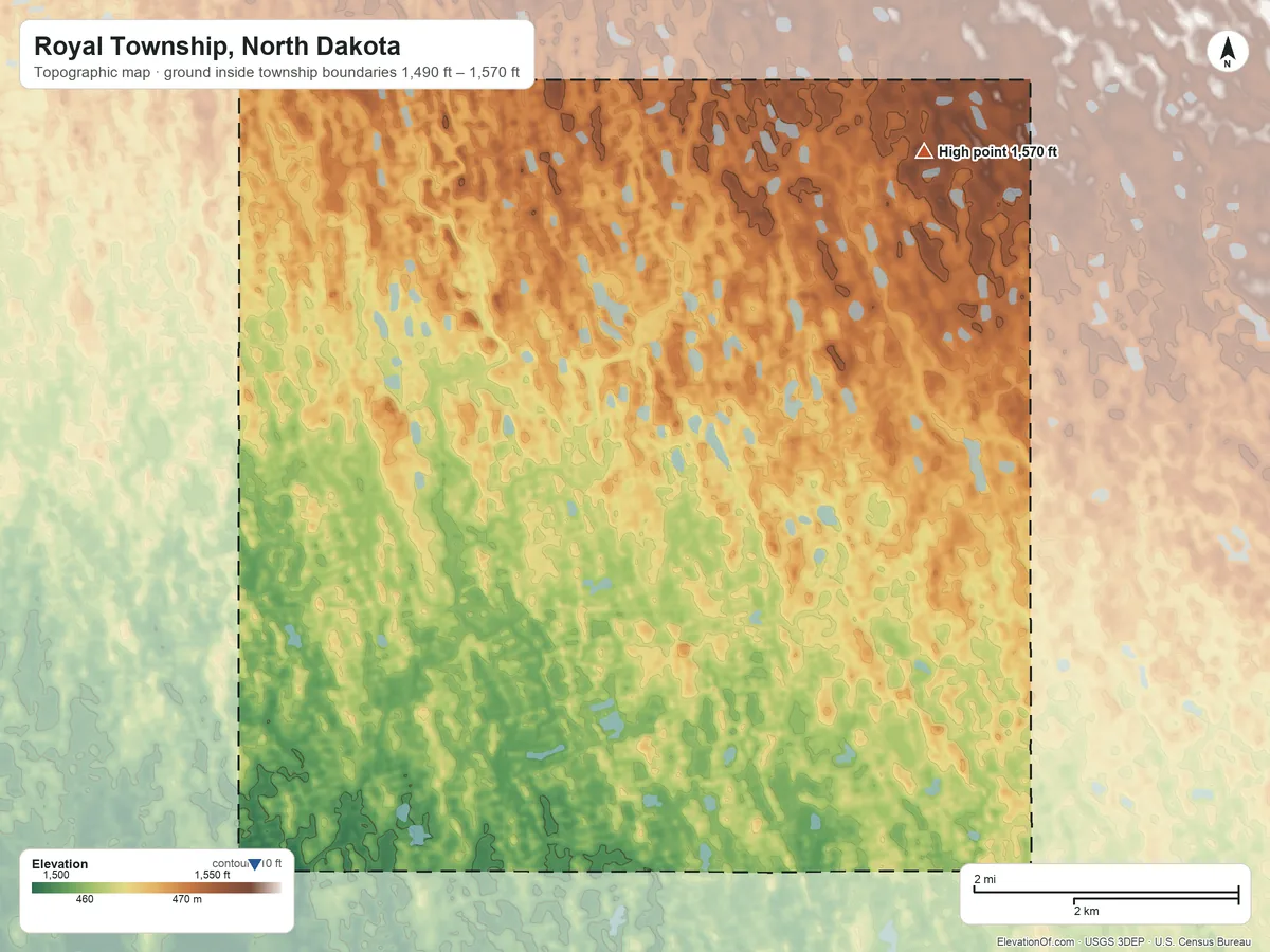 Topographic elevation map of Royal Township, North Dakota, shaded from 1,490 ft on the southwest side to 1,570 ft on the northeast side