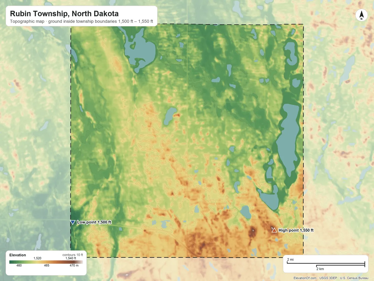 Topographic elevation map of Rubin Township, North Dakota, shaded from 1,500 ft on the southwest side to 1,550 ft on the southeast side