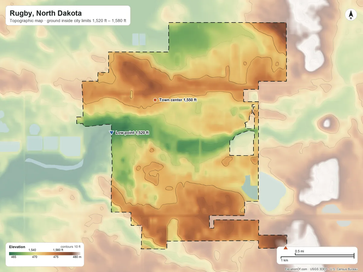 Topographic elevation map of Rugby, North Dakota, shaded from 1,520 ft on the southwest side to 1,580 ft on the southeast side
