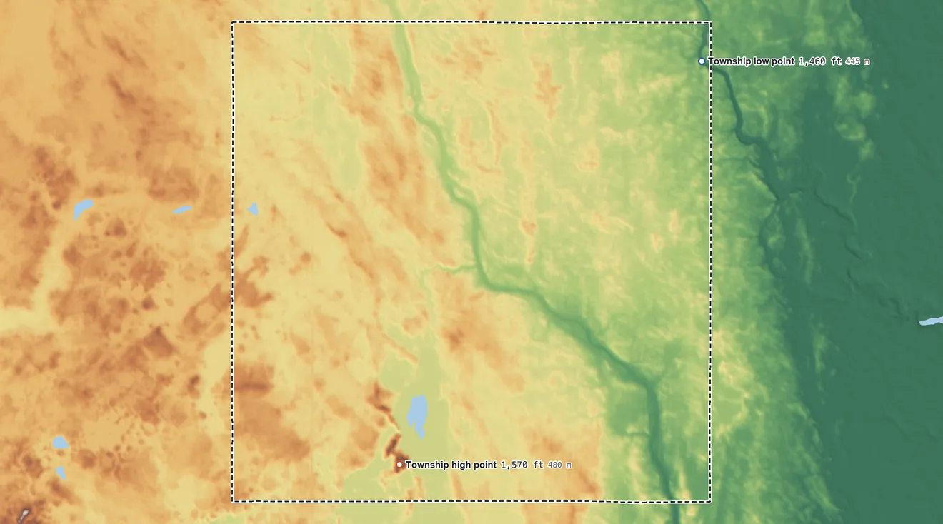 Topographic elevation map of Rugh Township, North Dakota, shaded from 1,460 ft on the northeast side to 1,570 ft on the south side