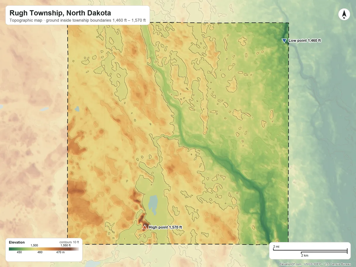 Topographic elevation map of Rugh Township, North Dakota, shaded from 1,460 ft on the northeast side to 1,570 ft on the south side