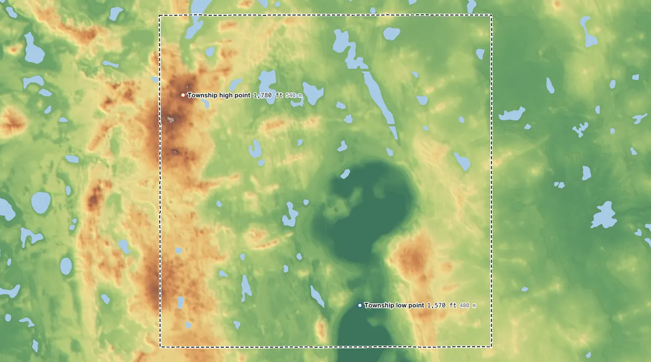 Topographic elevation map of Rush Lake Township, North Dakota, shaded from 1,570 ft on the southeast side to 1,780 ft on the northwest side
