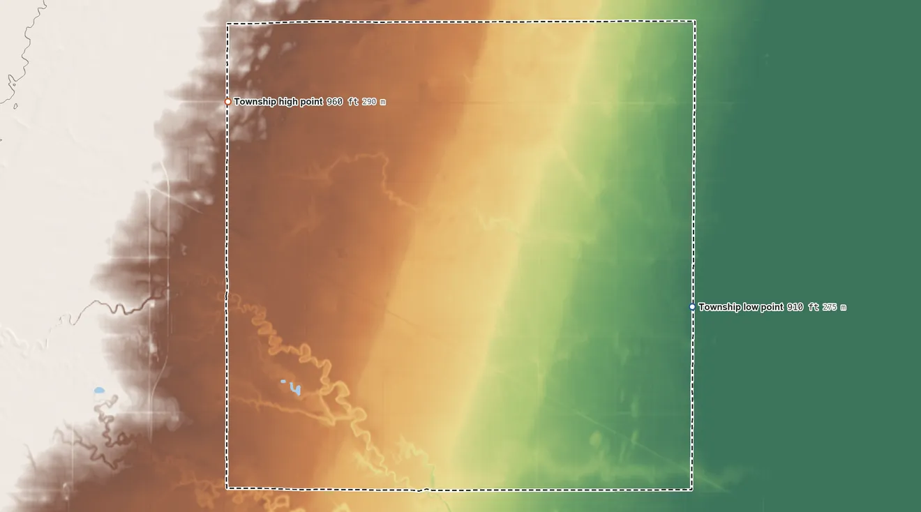Topographic elevation map of Rush River Township, North Dakota, shaded from 910 ft on the east side to 960 ft on the northwest side