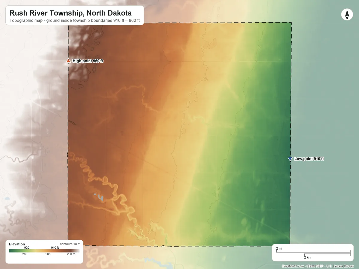 Topographic elevation map of Rush River Township, North Dakota, shaded from 910 ft on the east side to 960 ft on the northwest side