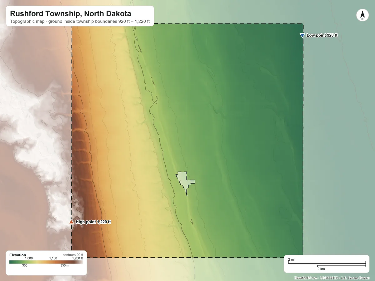 Topographic elevation map of Rushford Township, North Dakota, shaded from 920 ft on the northeast side to 1,220 ft on the southwest side