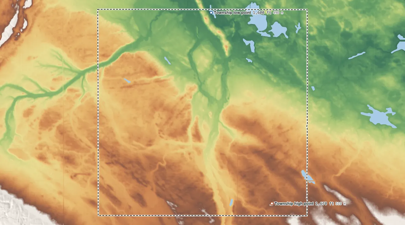 Topographic elevation map of Rusland Township, North Dakota, shaded from 1,600 ft on the north side to 1,670 ft on the southeast side