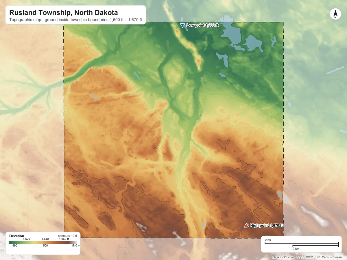 Topographic elevation map of Rusland Township, North Dakota, shaded from 1,600 ft on the north side to 1,670 ft on the southeast side