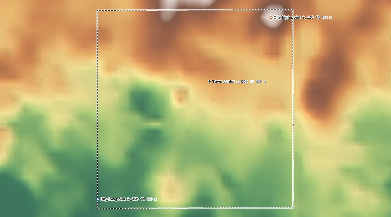 Topographic elevation map of Ruso, North Dakota, shaded from 2,050 ft on the southwest side to 2,120 ft on the northeast side