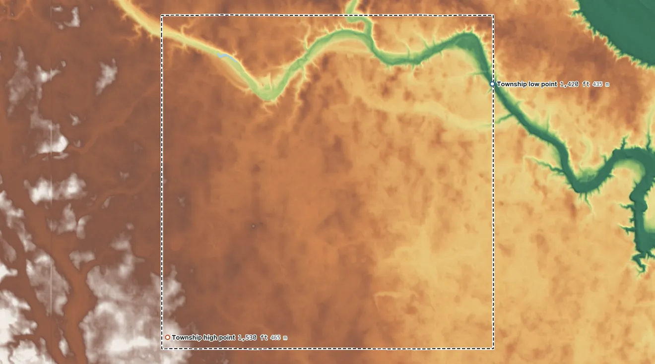 Topographic elevation map of Russell Township, North Dakota, shaded from 1,420 ft on the east side to 1,530 ft on the southwest side