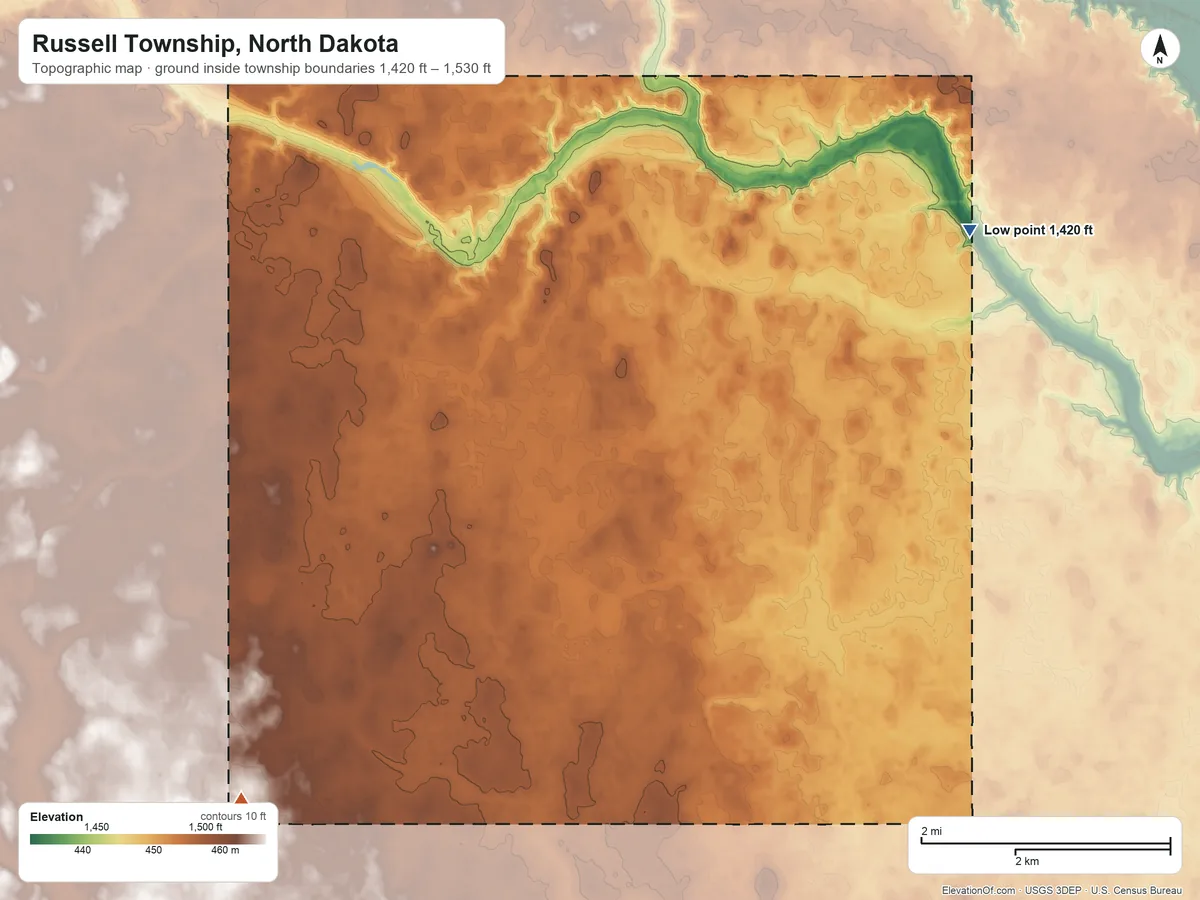 Topographic elevation map of Russell Township, North Dakota, shaded from 1,420 ft on the east side to 1,530 ft on the southwest side