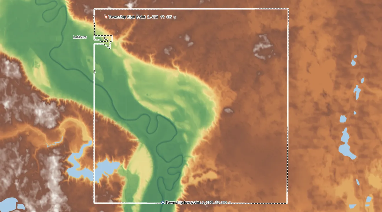 Topographic elevation map of Ryan Township, North Dakota, shaded from 1,290 ft on the south side to 1,430 ft on the northwest side