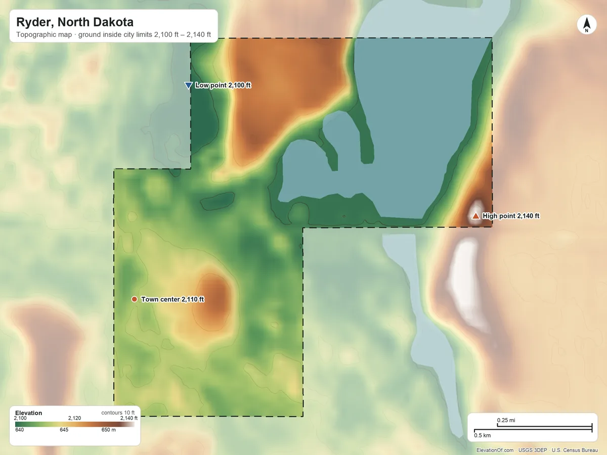 Topographic elevation map of Ryder, North Dakota, shaded from 2,100 ft on the north side to 2,140 ft on the east side